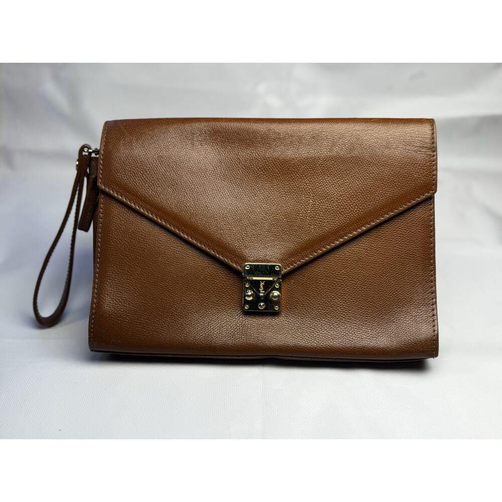 Vintage 1990s Yves Saint Laurent brown leather envelope clutch wrist strap